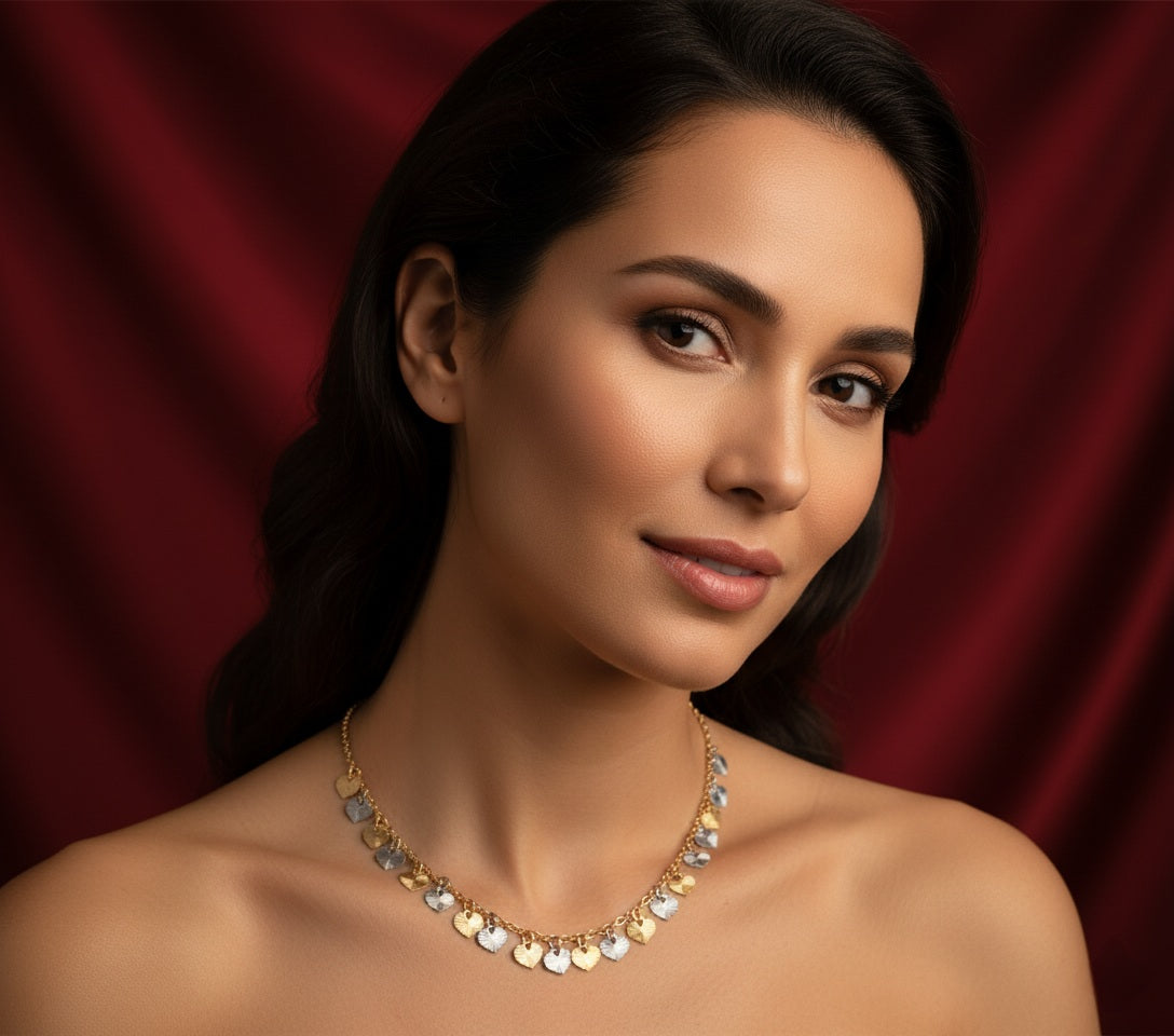 ZewarArt Gold & Silver Heart Charm Chain Necklace – Anti-Tarnish Waterproof Jewellery